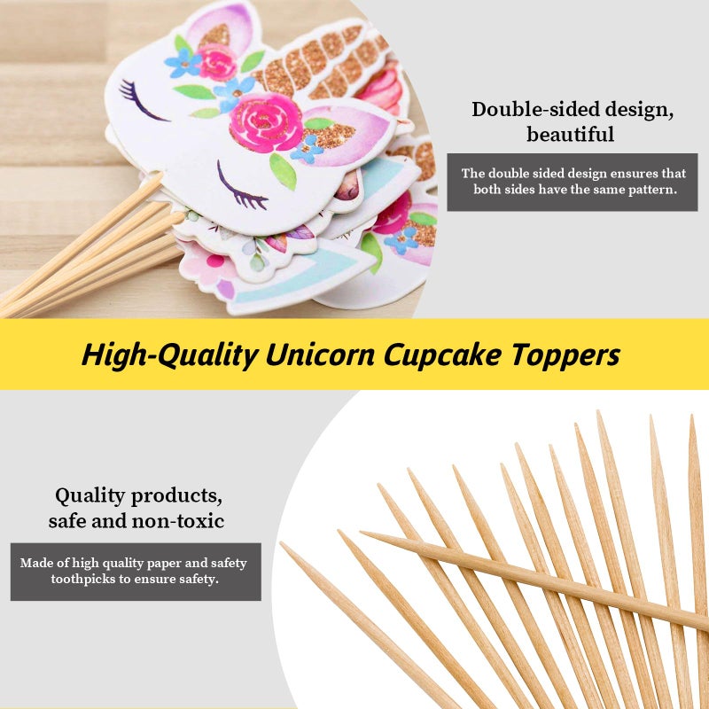 Coopache 48 Pieces Rainbow Unicorn Cupcake Toppers, Cupcake Picks Cake Decorations, Double Sided Unicorn Cake Topper Set Birthday Baby Shower Party Supplies - Image 3